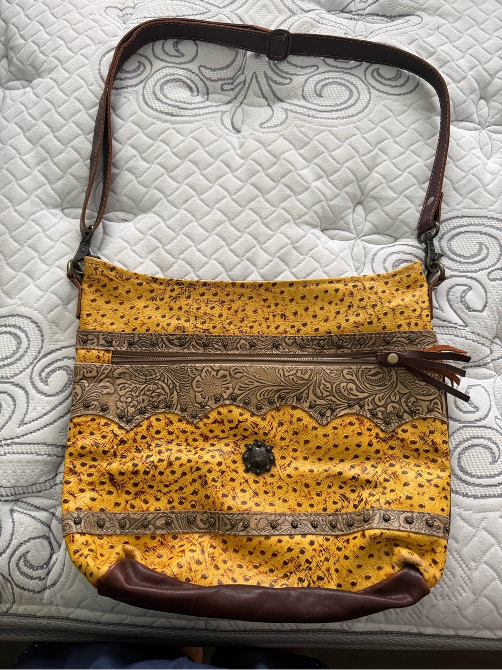 Yellow Patterned Crossbody Shoulder Myra Bag - Leather Trim